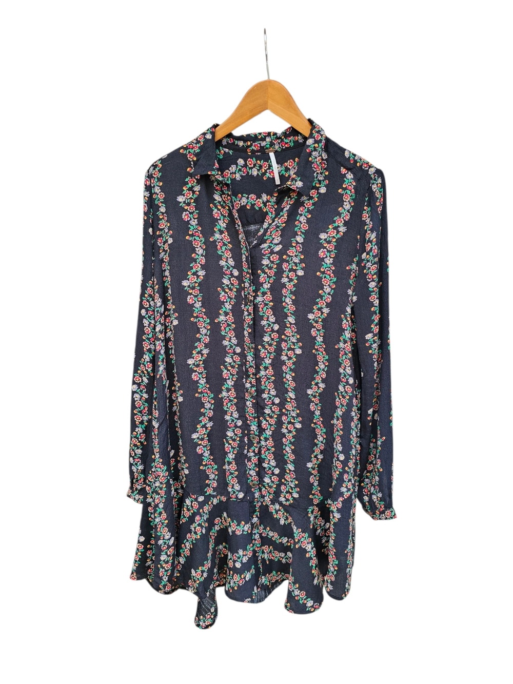 Free People Dark Romance  Black Floral Stripe Shirt Dress Size M